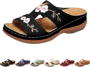 2024 New Hollow Floral Embroidery Women Wedge Sandals with Arch Support Comfortable Orthopedic Sandal Size Plus Size Slippers