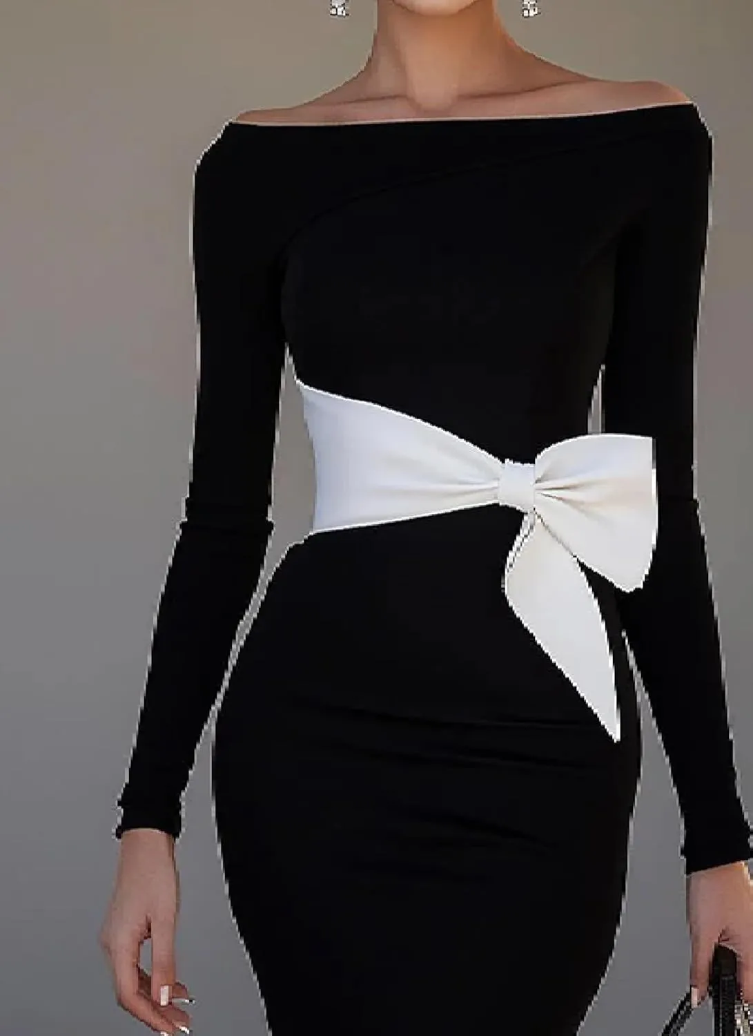 2025 Summer Womens Dresses Elegant Off The Shoulder Long Sleeve Midi Dress Bodycon Bow Accent Evening Party Dress