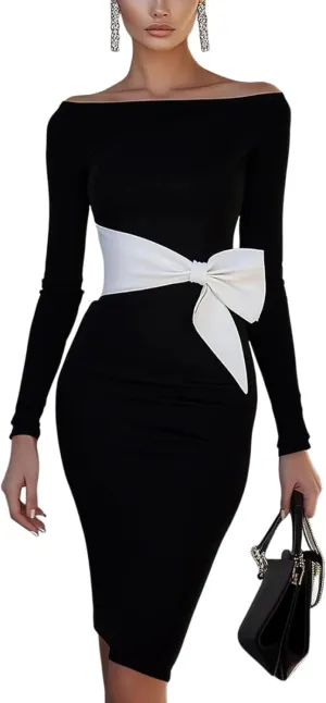 2025 Summer Womens Dresses Elegant Off The Shoulder Long Sleeve Midi Dress Bodycon Bow Accent Evening Party Dress