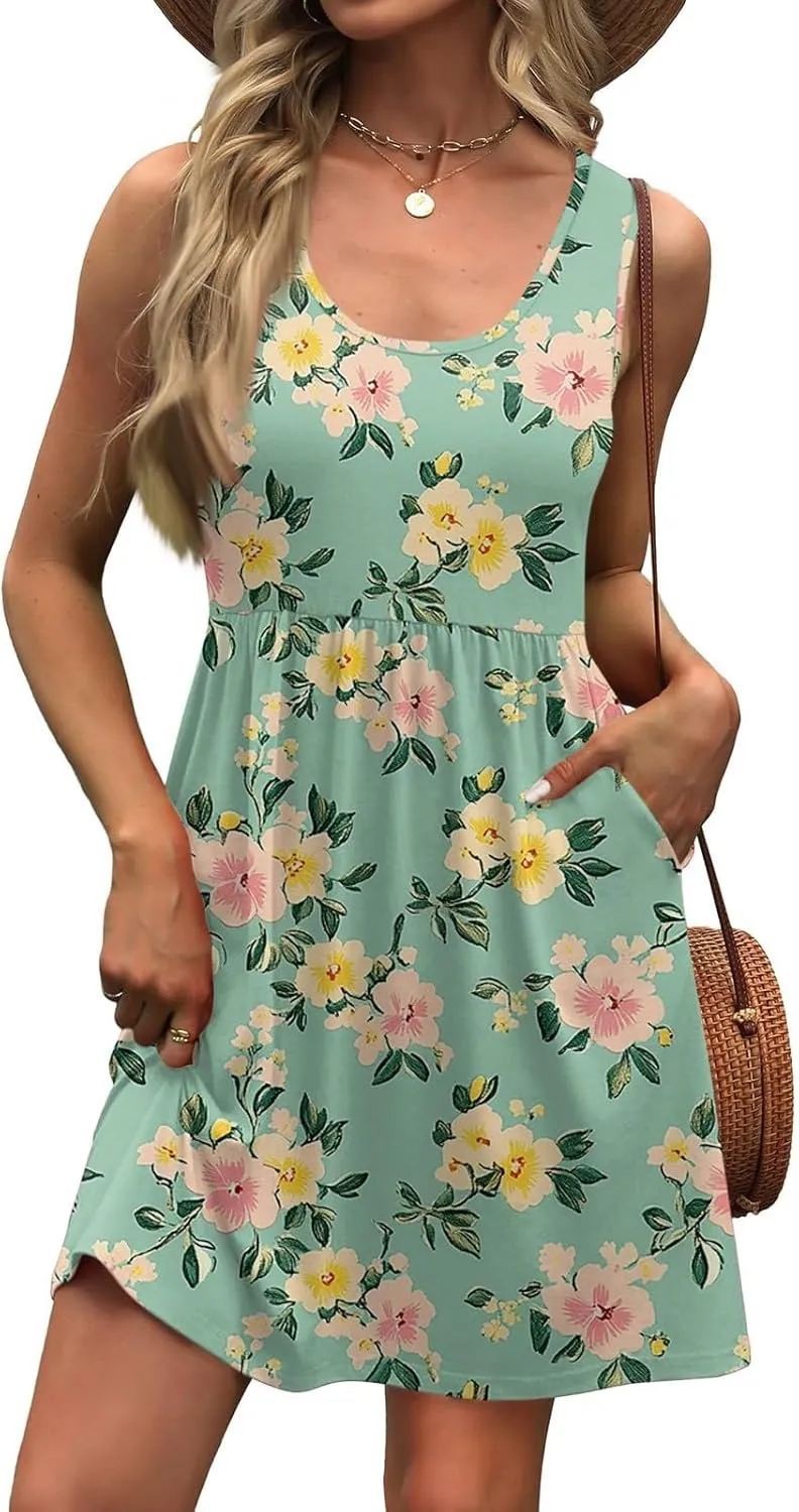 2025 Women's Summer Dress Fashion A-Line Sleeveless Casual Floral Printed Sundress with Pockets