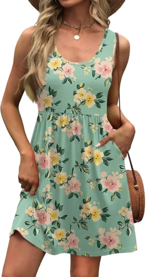 2025 Women's Summer Dress Fashion A-Line Sleeveless Casual Floral Printed Sundress with Pockets