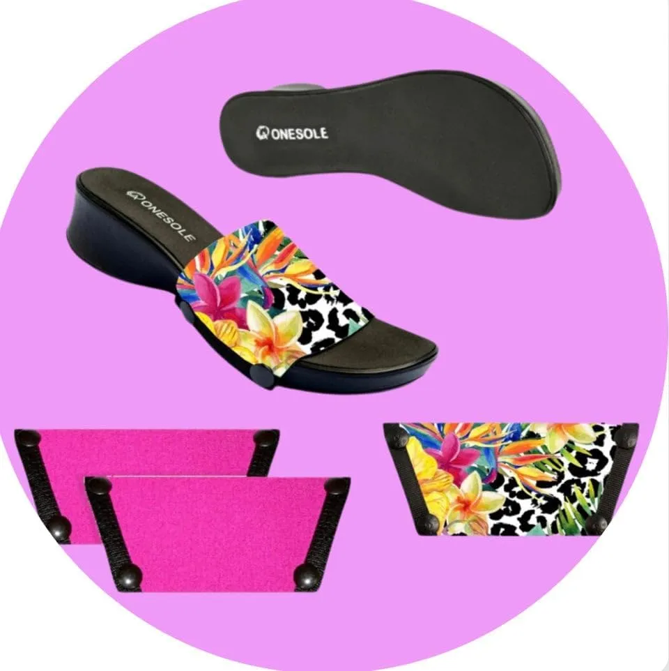 A Black Leisure Floral Leopard wedge Sandals Set, Two Interchangeable tops, Tops for women's wedge Sandals with Travel Bag