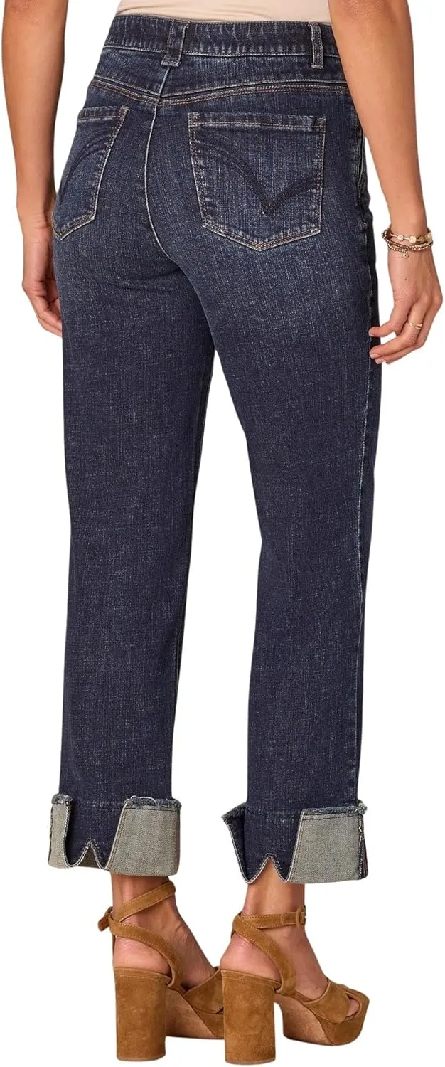 Ab Solution High Rise Up Cascading-D Boyfriend Wide Leg Jeans with Fray Cuff