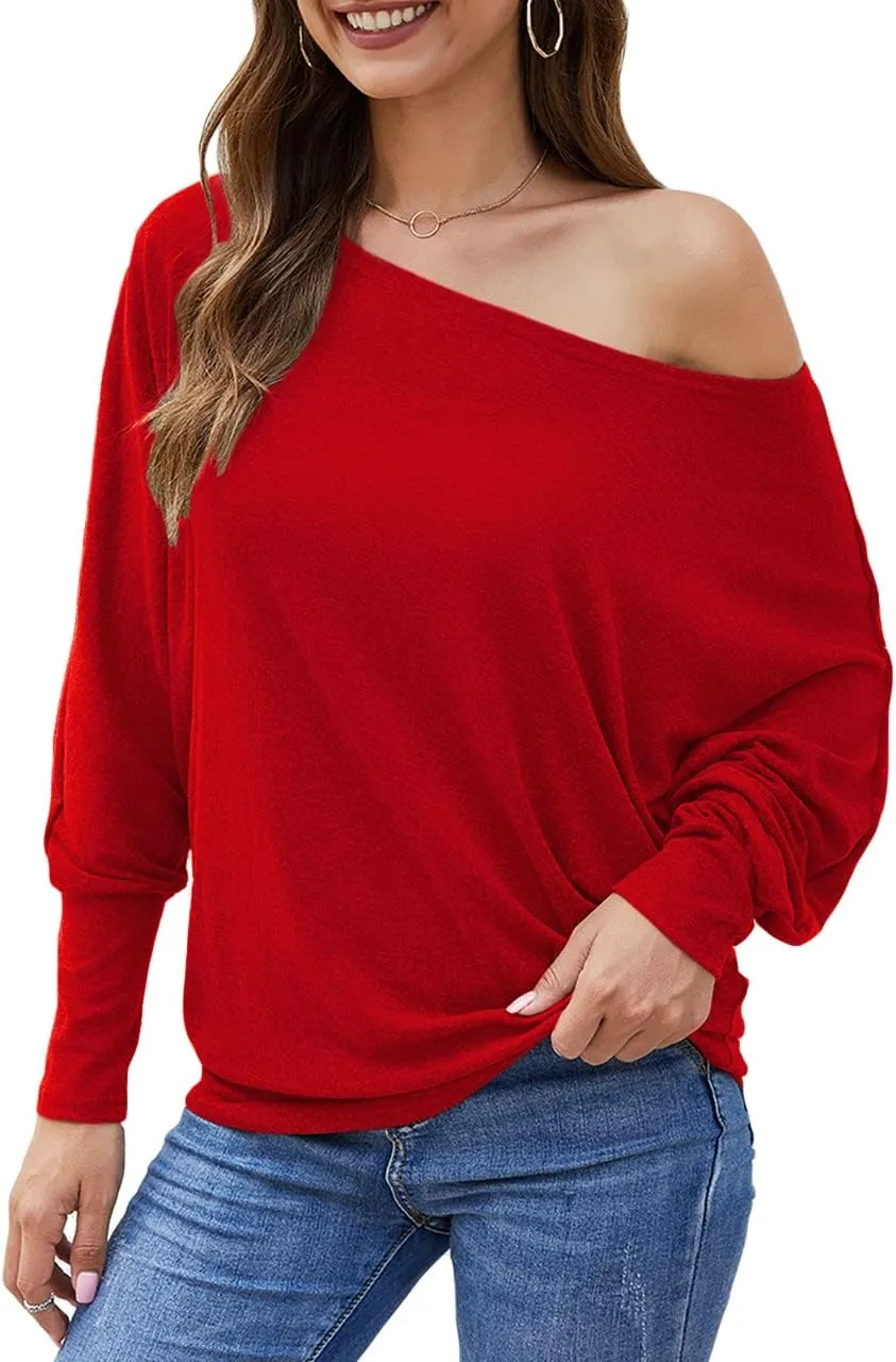 Aifer Women's Off The Shoulder Tops Sexy Long Sleeve Shirts Oversized Fashion Casual Batwing Sweaters Pullover Tunic Tops