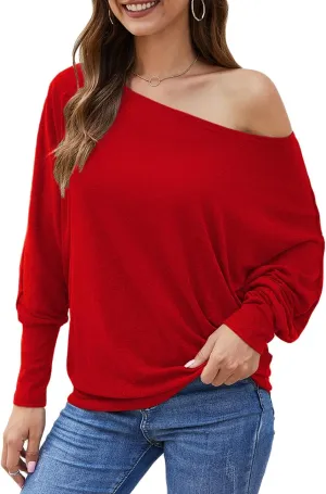 Aifer Women's Off The Shoulder Tops Sexy Long Sleeve Shirts Oversized Fashion Casual Batwing Sweaters Pullover Tunic Tops