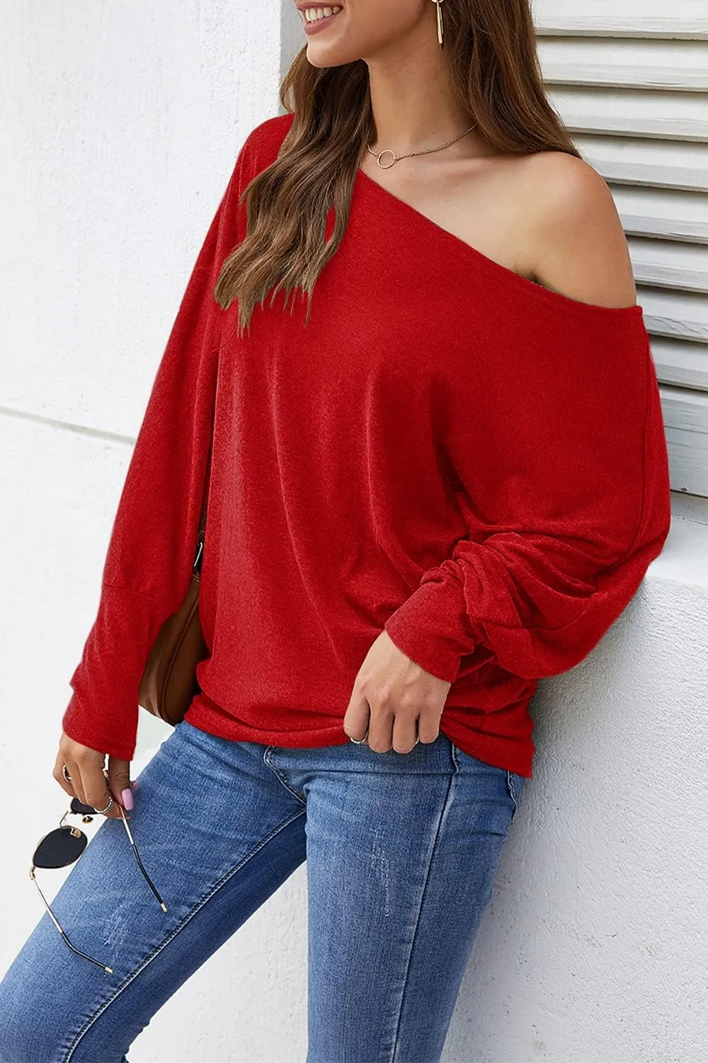 Aifer Women's Off The Shoulder Tops Sexy Long Sleeve Shirts Oversized Fashion Casual Batwing Sweaters Pullover Tunic Tops