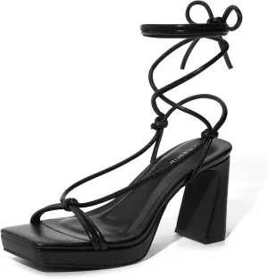 ALICEPUB Women's Chunky Block Heels Strappy Heels Square Open Toe Heeled Sandals Short Heels Comfortable Dressy Shoes Wedding Bridal Party