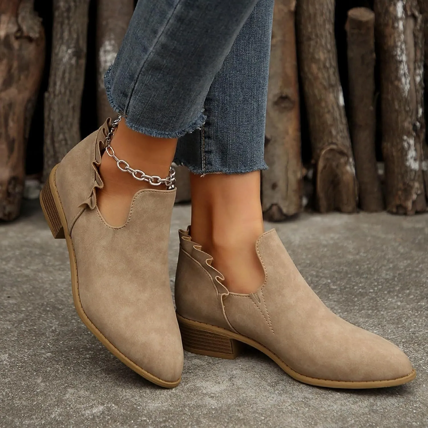 AMDBEL Booties for Women Dressy 2024 Ankle BootsLow Heel Short Boots V Cut Chelsea Boots Pointd Toe Fall Winter Dressy Shoes