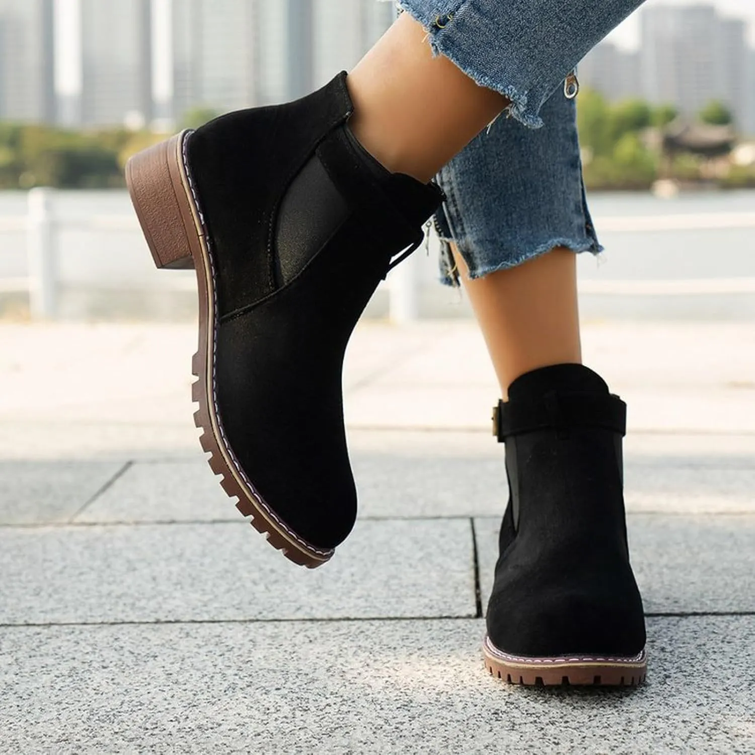 AMDBEL Fall Boots for Women 2024, Women's Ankle Boots Low Thick Heel Comfortable Round Toe Suede Short Boots Winter Shoes