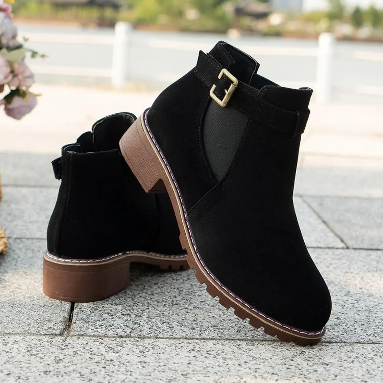 AMDBEL Fall Boots for Women 2024, Women's Ankle Boots Low Thick Heel Comfortable Round Toe Suede Short Boots Winter Shoes