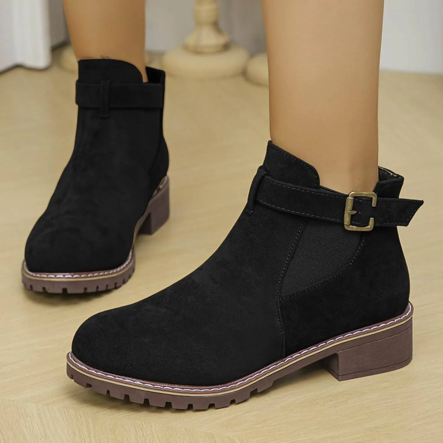 AMDBEL Fall Boots for Women 2024, Women's Ankle Boots Low Thick Heel Comfortable Round Toe Suede Short Boots Winter Shoes