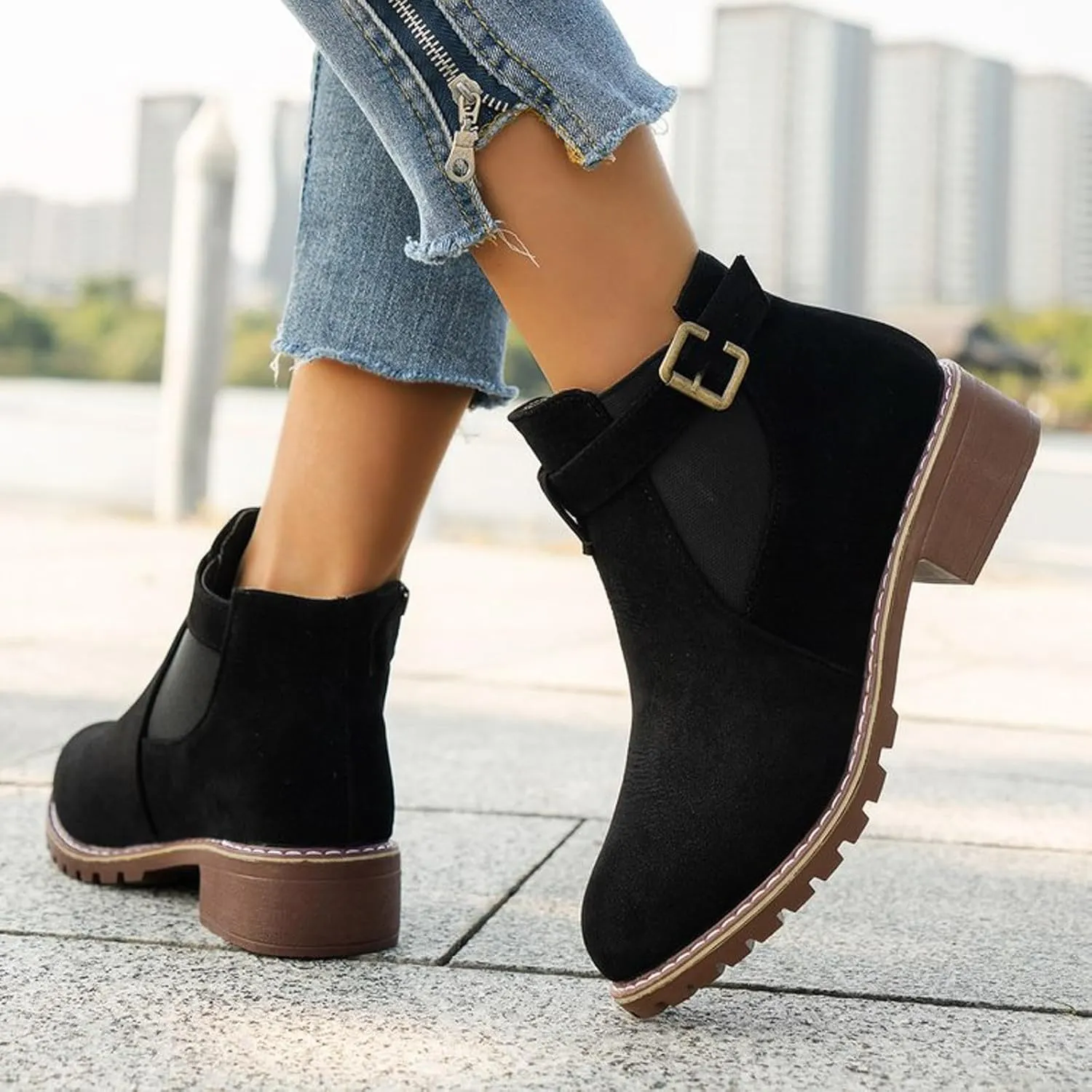 AMDBEL Fall Boots for Women 2024, Women's Ankle Boots Low Thick Heel Comfortable Round Toe Suede Short Boots Winter Shoes