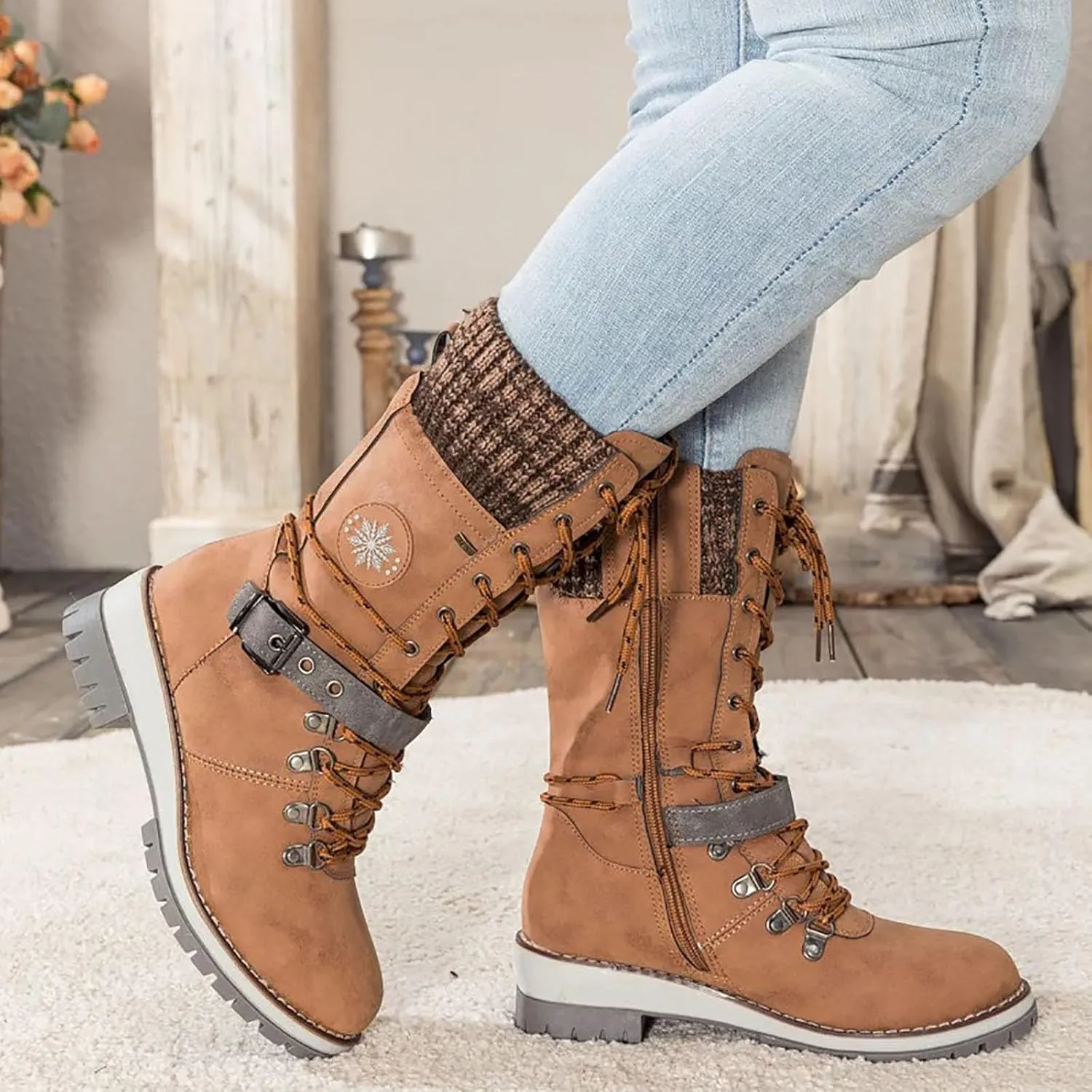 AMDBEL Wide Calf Boots for Women Low Heel Womens Fall Boots 2024 Fashion Lace Up Boots Winter Ankle Booties Ladies Shoes