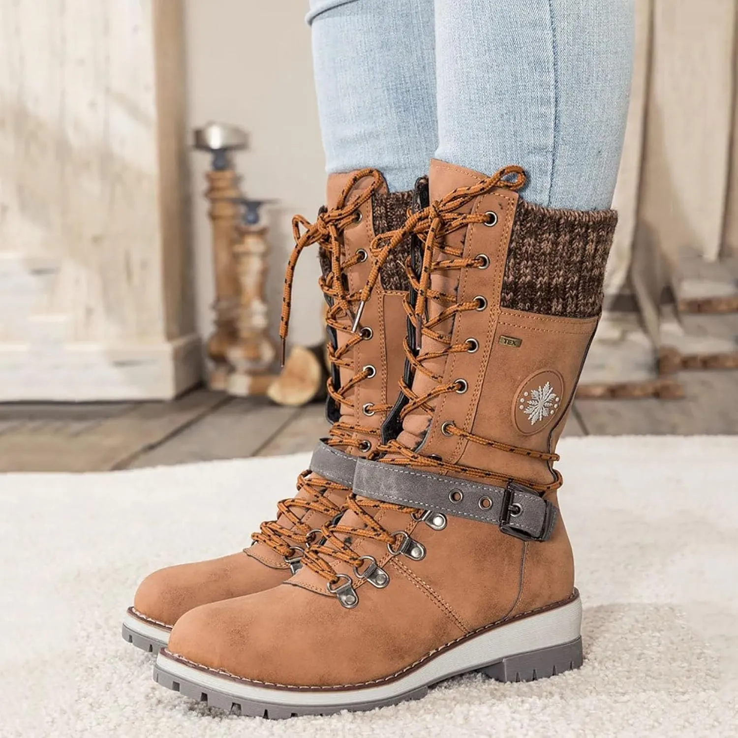 AMDBEL Wide Calf Boots for Women Low Heel Womens Fall Boots 2024 Fashion Lace Up Boots Winter Ankle Booties Ladies Shoes