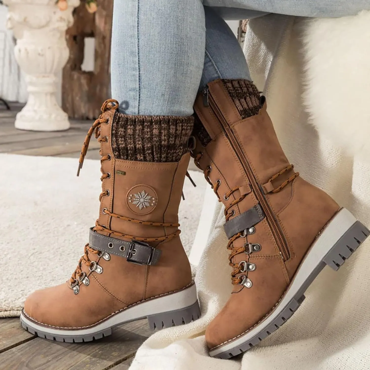 AMDBEL Wide Calf Boots for Women Low Heel Womens Fall Boots 2024 Fashion Lace Up Boots Winter Ankle Booties Ladies Shoes