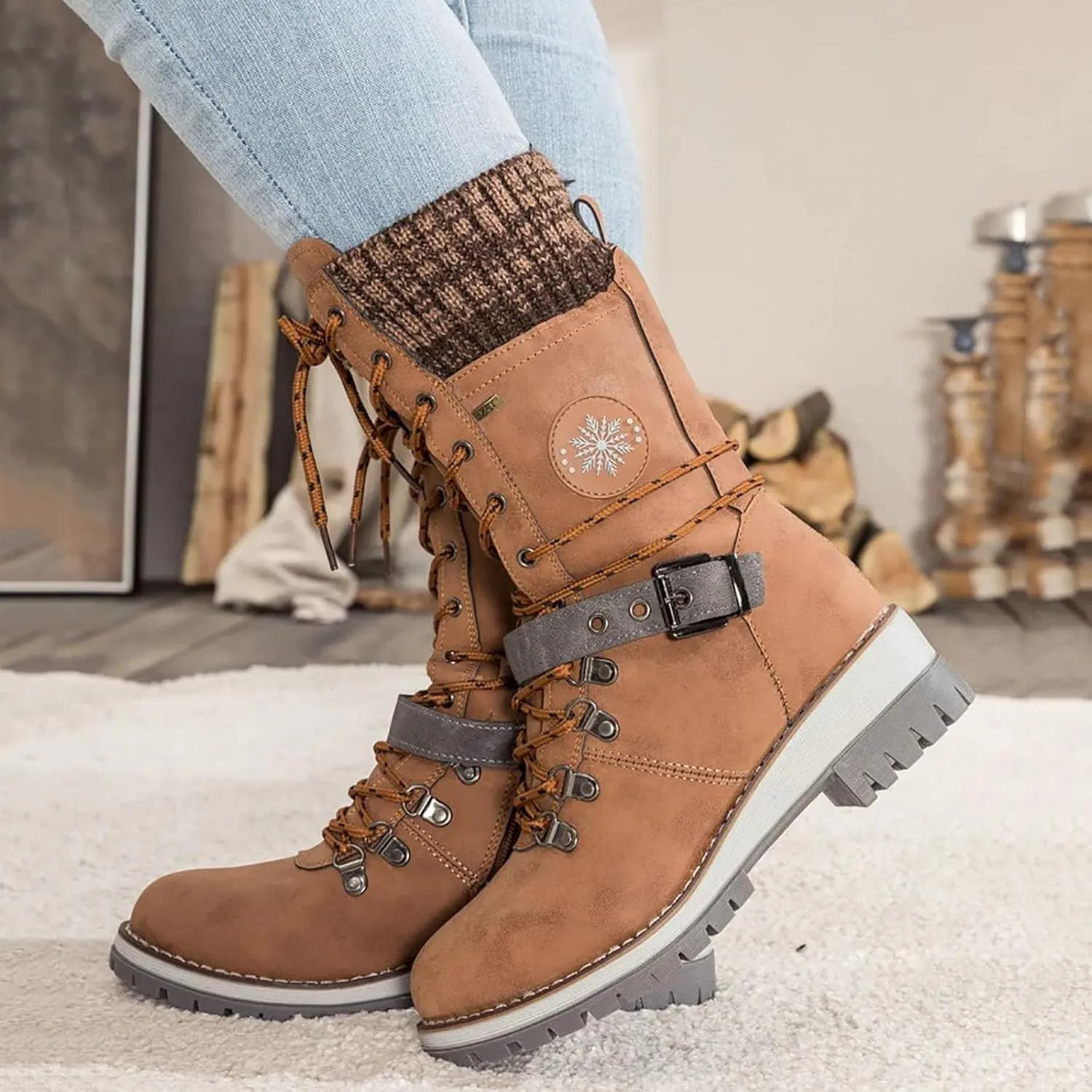 AMDBEL Wide Calf Boots for Women Low Heel Womens Fall Boots 2024 Fashion Lace Up Boots Winter Ankle Booties Ladies Shoes