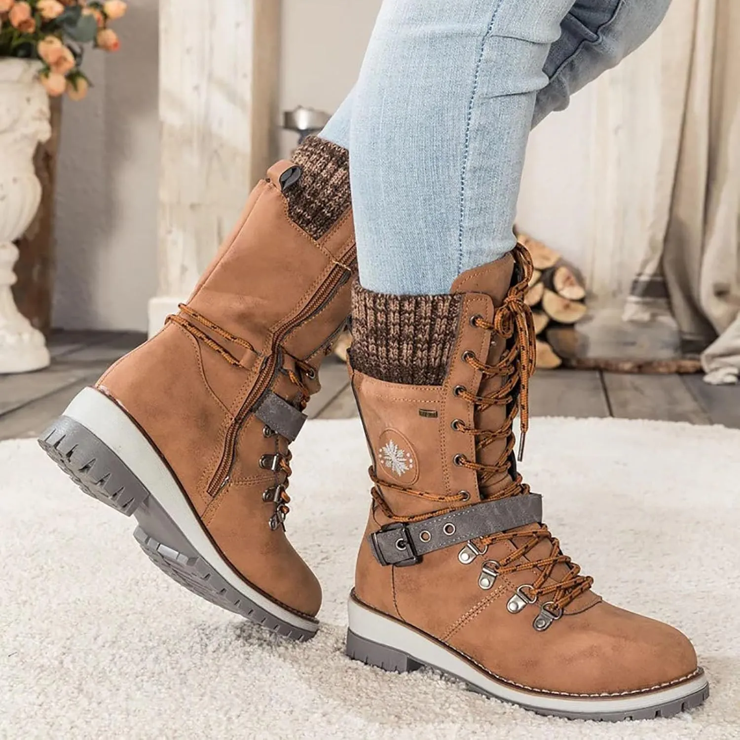 AMDBEL Wide Calf Boots for Women Low Heel Womens Fall Boots 2024 Fashion Lace Up Boots Winter Ankle Booties Ladies Shoes