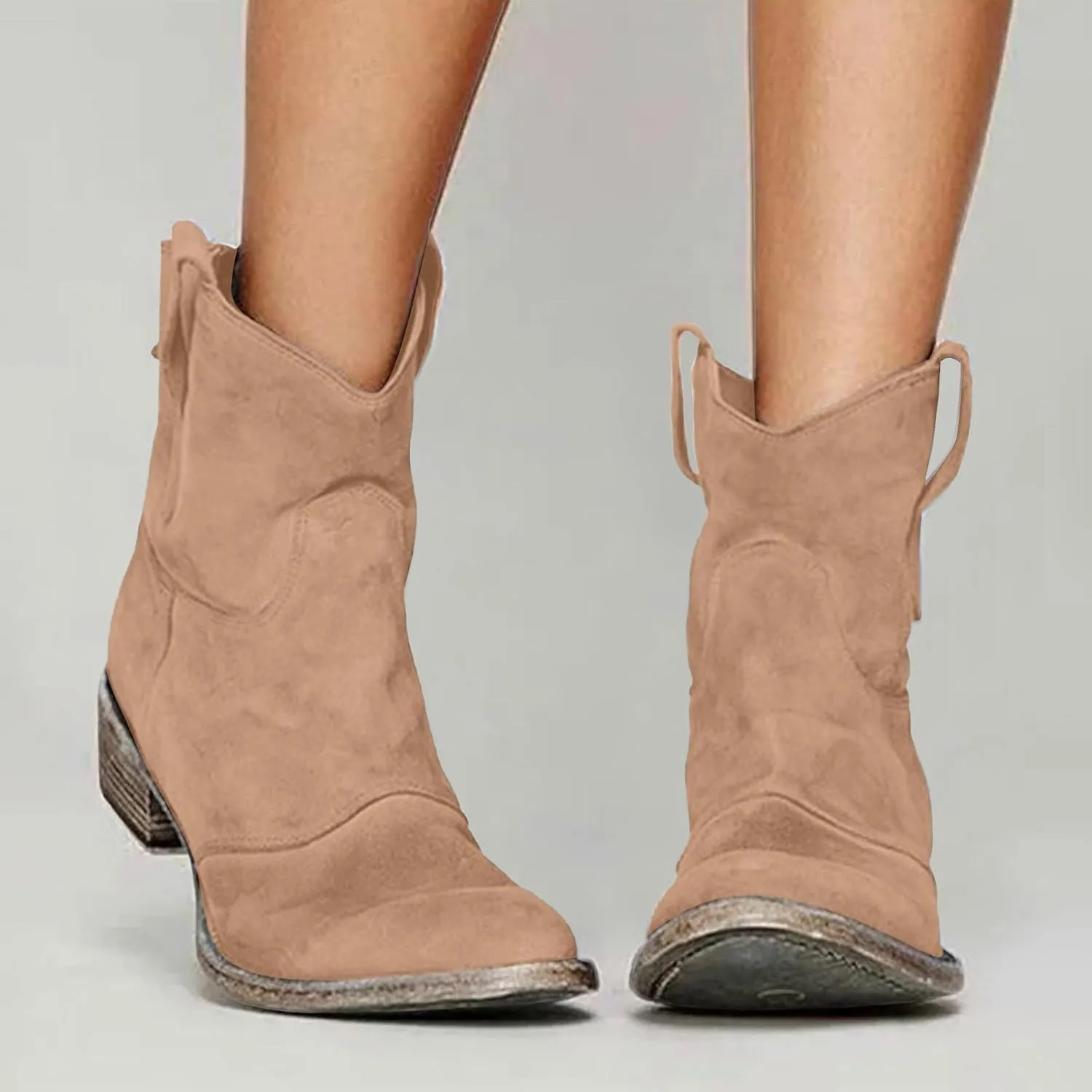 AMDBEL Womens Boots Ankle, Women's Ankle Boots Chunky Low Heel Suede Mid Calf Zipper Cowboy Boots Winter Booties