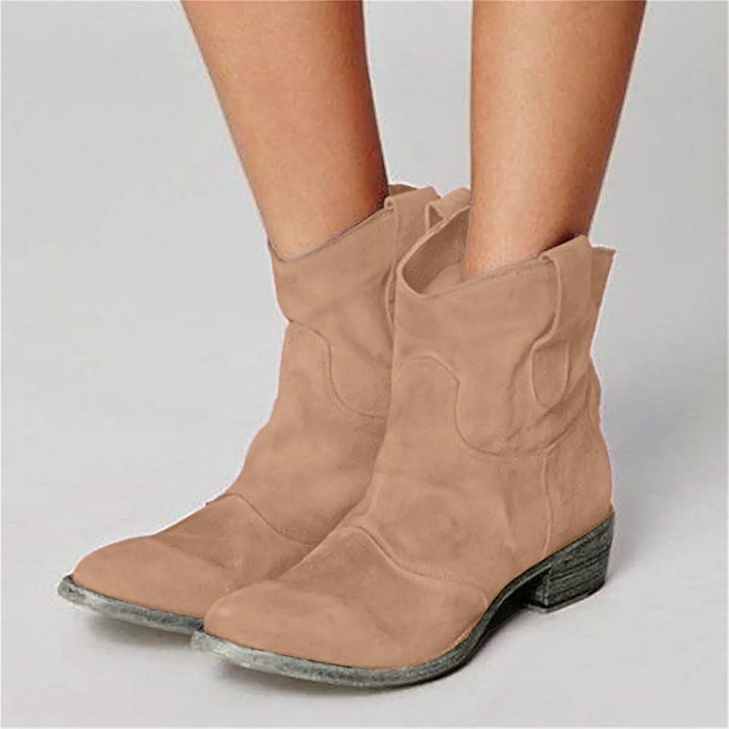 AMDBEL Womens Boots Ankle, Women's Ankle Boots Chunky Low Heel Suede Mid Calf Zipper Cowboy Boots Winter Booties