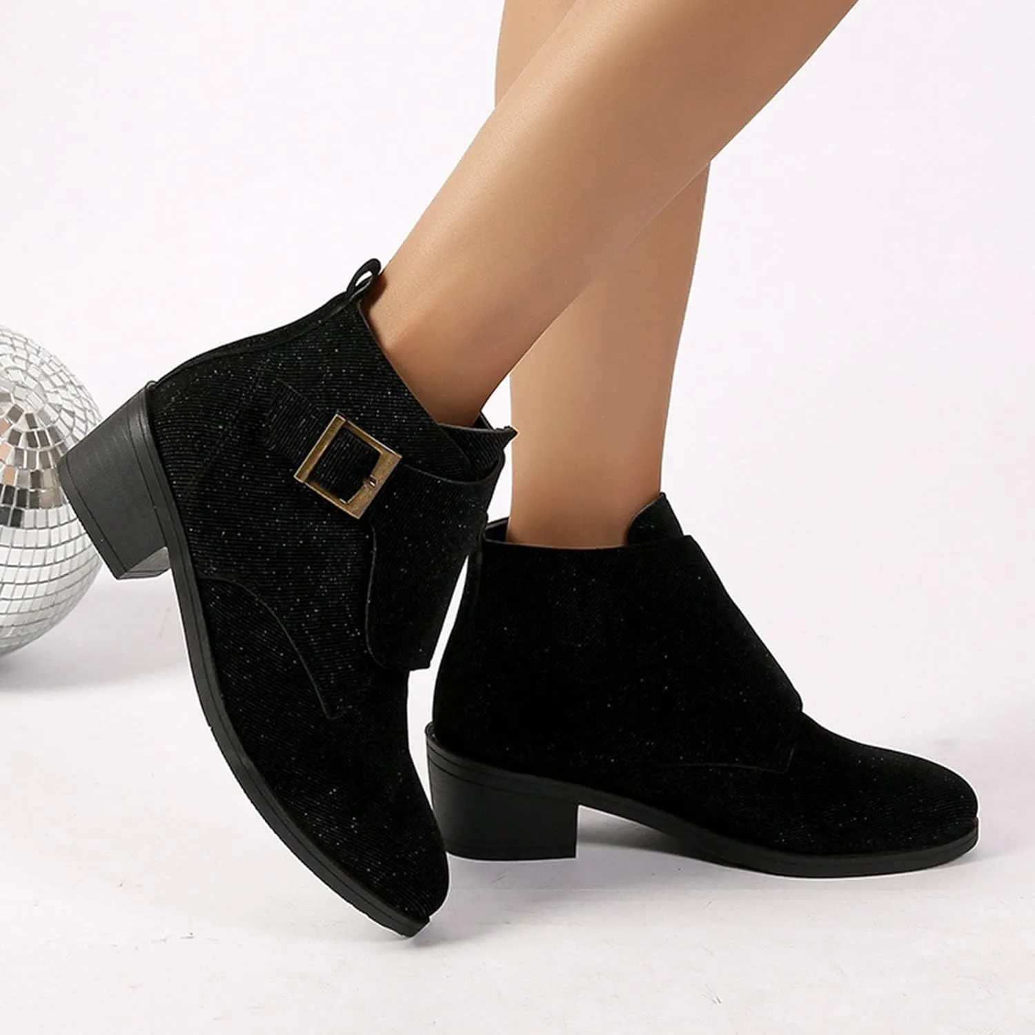 Ankle Boots for Women with Heel,Women's Arch Support Ankle Booties Pointed Toe Chunky Block Heel Boots Canvas Slip On Western Booties Shoes Retro Buckle Ankle Strap Outdoor Short Boots