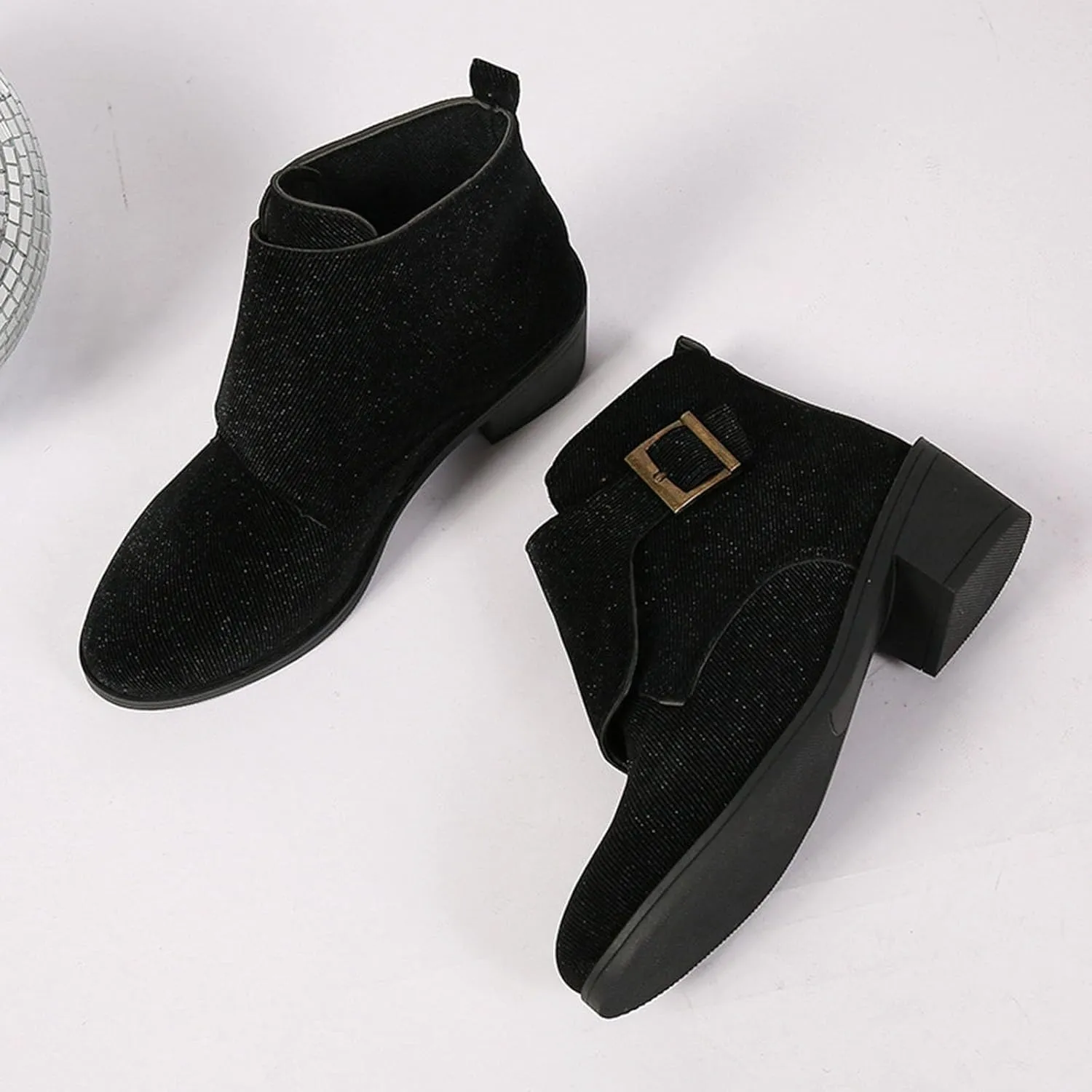 Ankle Boots for Women with Heel,Women's Arch Support Ankle Booties Pointed Toe Chunky Block Heel Boots Canvas Slip On Western Booties Shoes Retro Buckle Ankle Strap Outdoor Short Boots