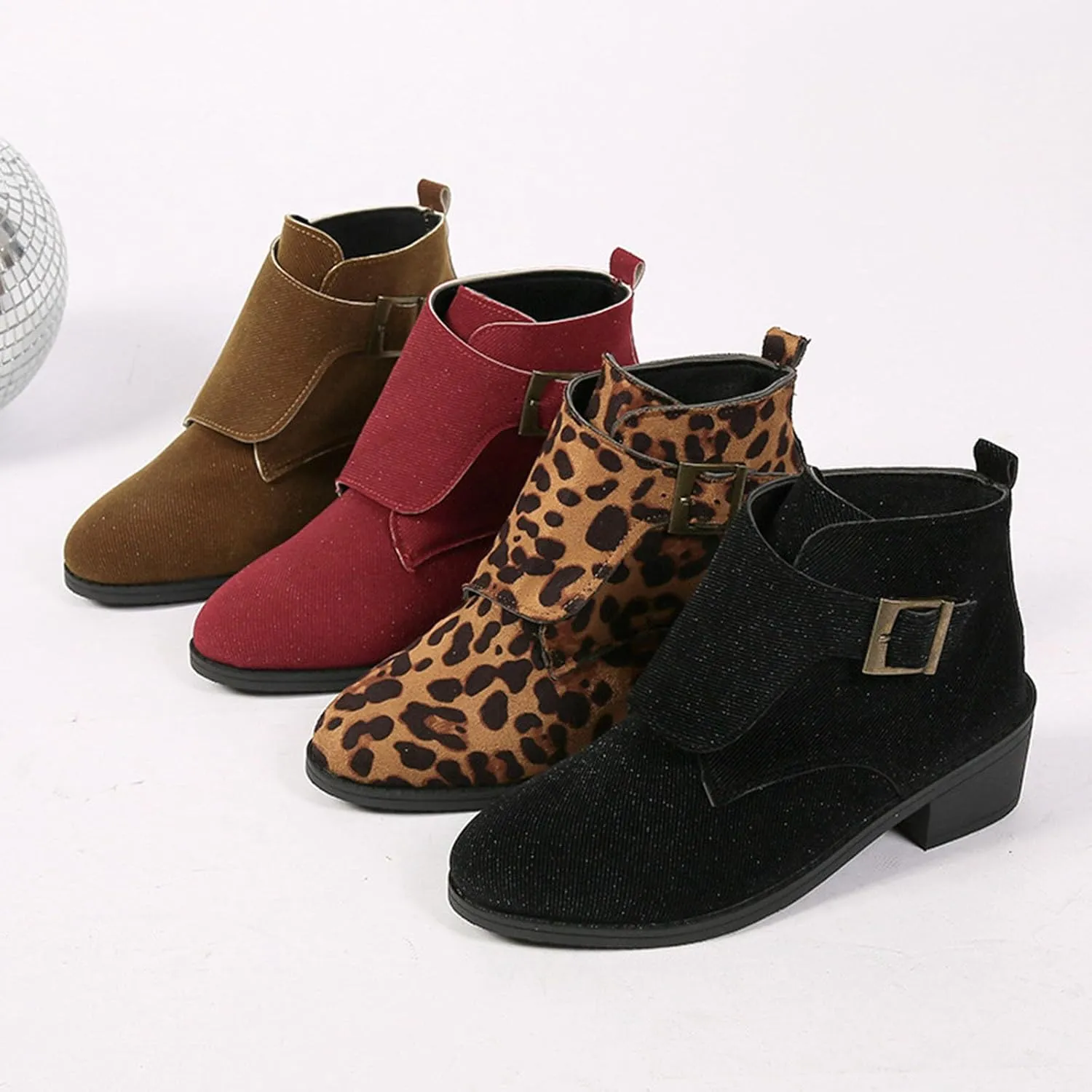 Ankle Boots for Women with Heel,Women's Arch Support Ankle Booties Pointed Toe Chunky Block Heel Boots Canvas Slip On Western Booties Shoes Retro Buckle Ankle Strap Outdoor Short Boots