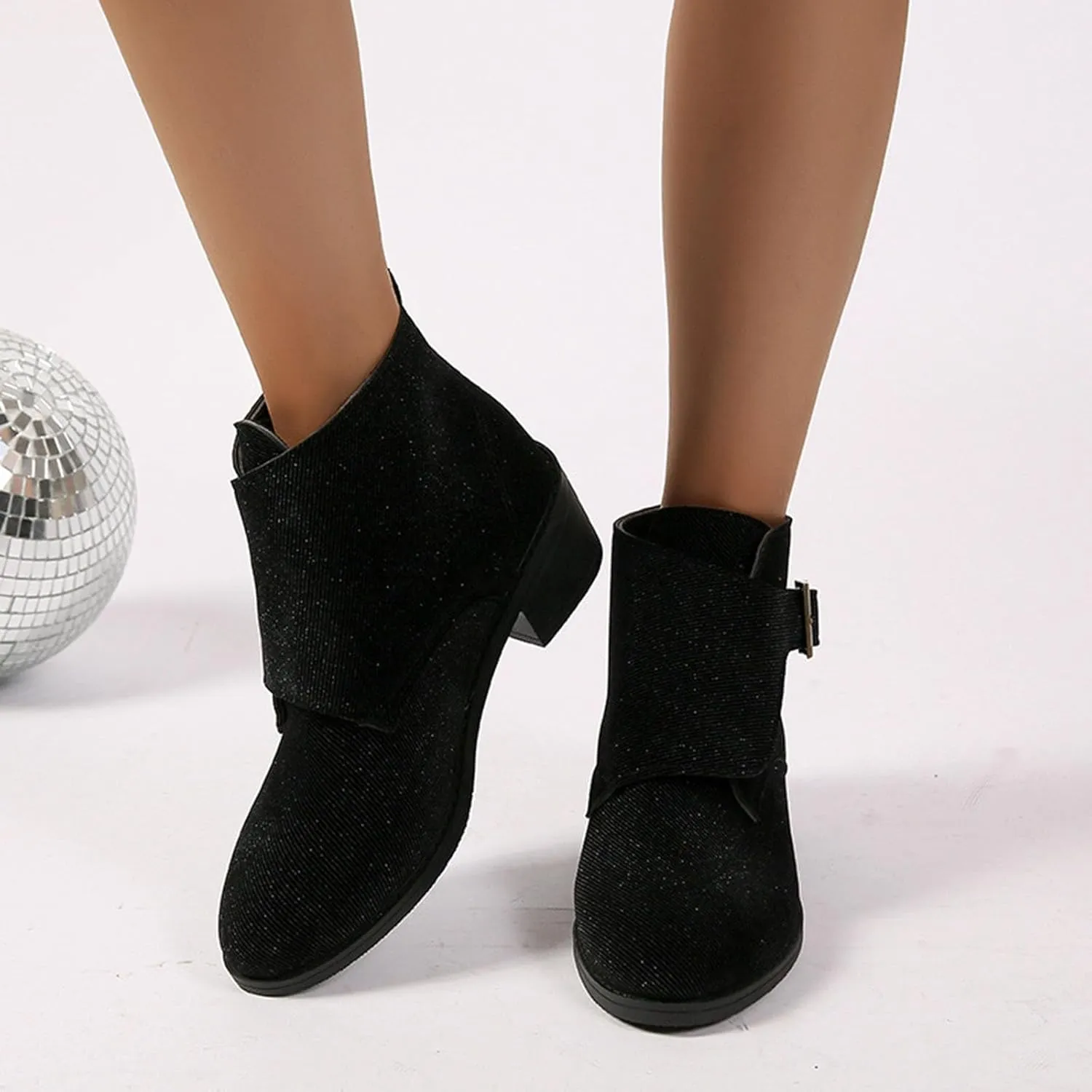 Ankle Boots for Women with Heel,Women's Arch Support Ankle Booties Pointed Toe Chunky Block Heel Boots Canvas Slip On Western Booties Shoes Retro Buckle Ankle Strap Outdoor Short Boots