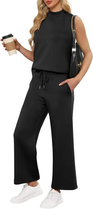 ANRABESS Women 2 Piece Outfits Summer Lounge Sets Mock Neck Top Wide Leg Pants Casual Fashion Tracksuit 2025 Travel Clothes