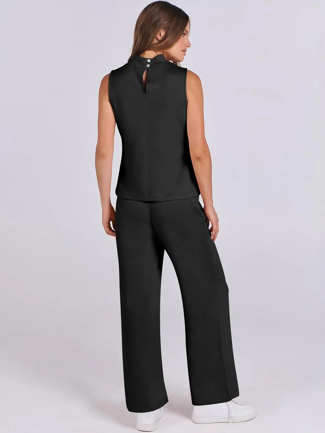 ANRABESS Women 2 Piece Outfits Summer Lounge Sets Mock Neck Top Wide Leg Pants Casual Fashion Tracksuit 2025 Travel Clothes