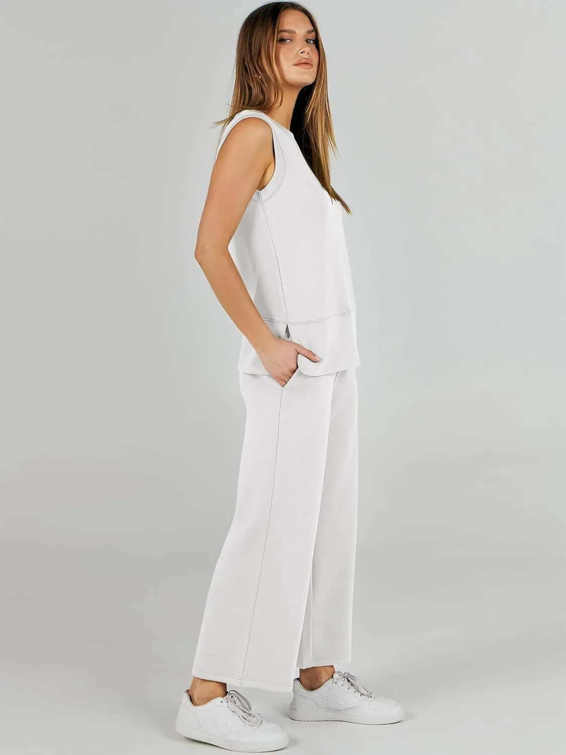 ANRABESS Women's 2 Piece Sets Summer Travel Airplane Outfits Sleeveless Wide Leg Casual Lounge Matching Sweat Set Sweatsuits
