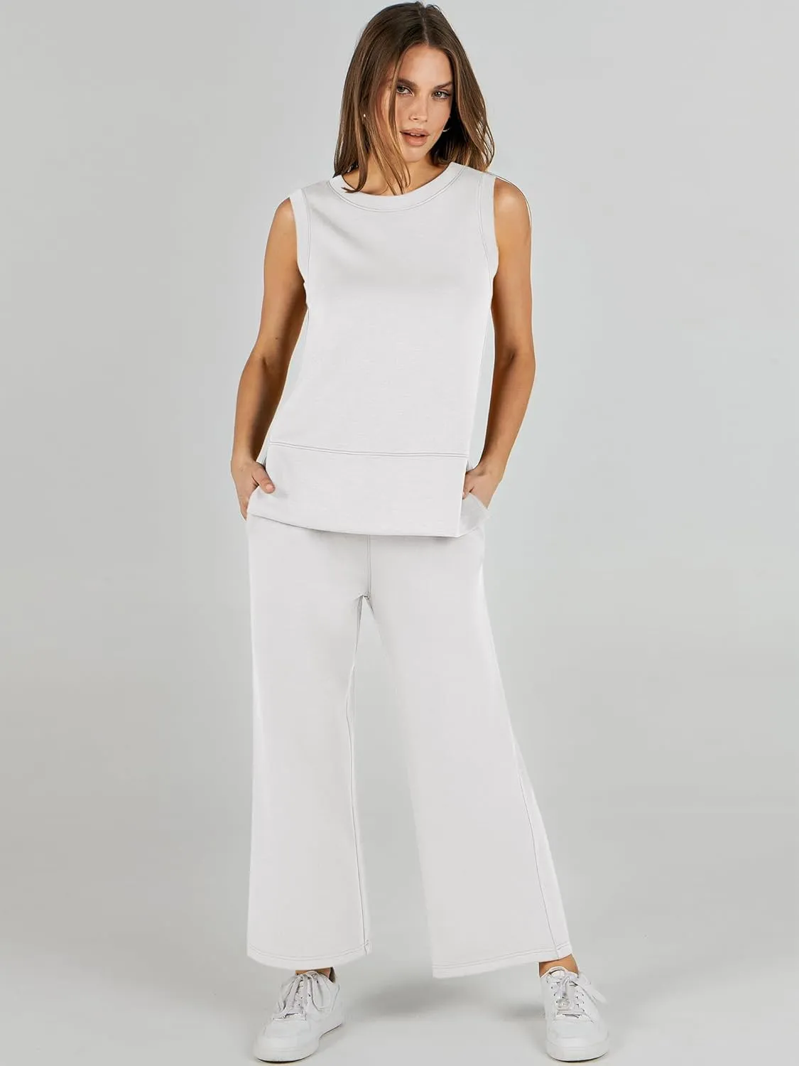 ANRABESS Women's 2 Piece Sets Summer Travel Airplane Outfits Sleeveless Wide Leg Casual Lounge Matching Sweat Set Sweatsuits