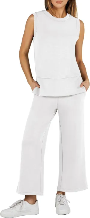 ANRABESS Women's 2 Piece Sets Summer Travel Airplane Outfits Sleeveless Wide Leg Casual Lounge Matching Sweat Set Sweatsuits