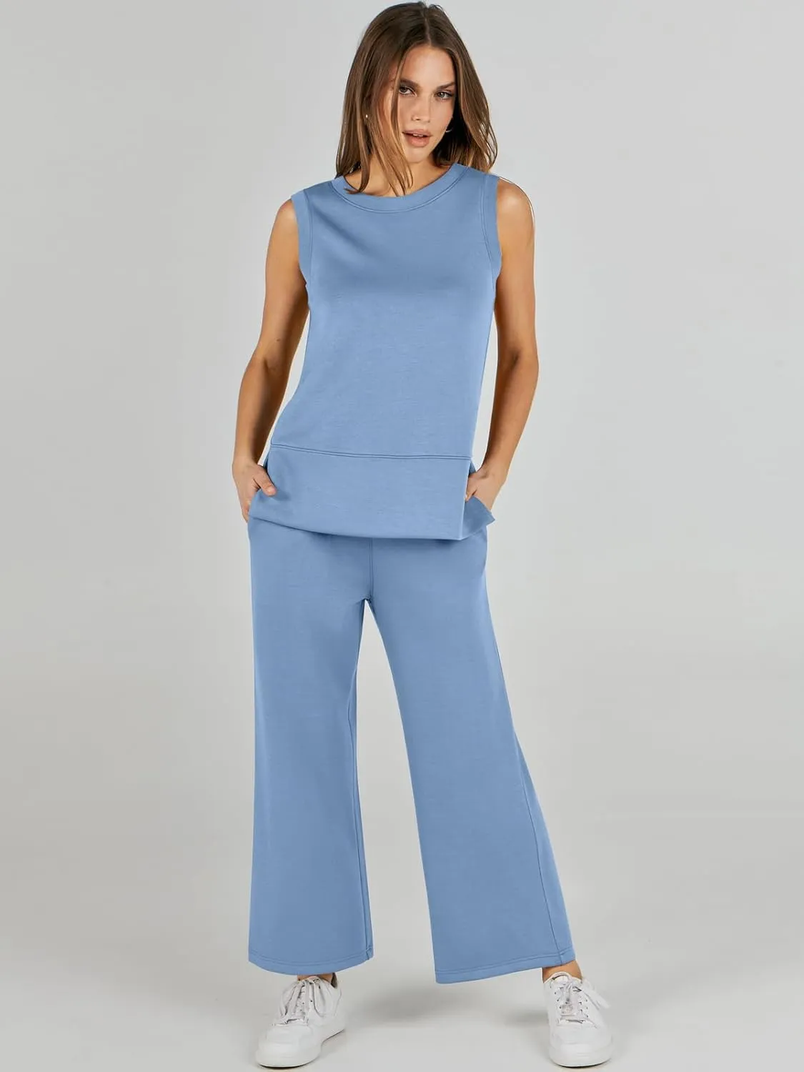 ANRABESS Women's 2 Piece Sets Summer Travel Airplane Outfits Sleeveless Wide Leg Casual Lounge Matching Sweat Set Sweatsuits