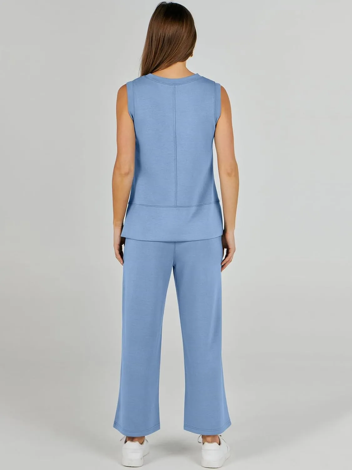 ANRABESS Women's 2 Piece Sets Summer Travel Airplane Outfits Sleeveless Wide Leg Casual Lounge Matching Sweat Set Sweatsuits