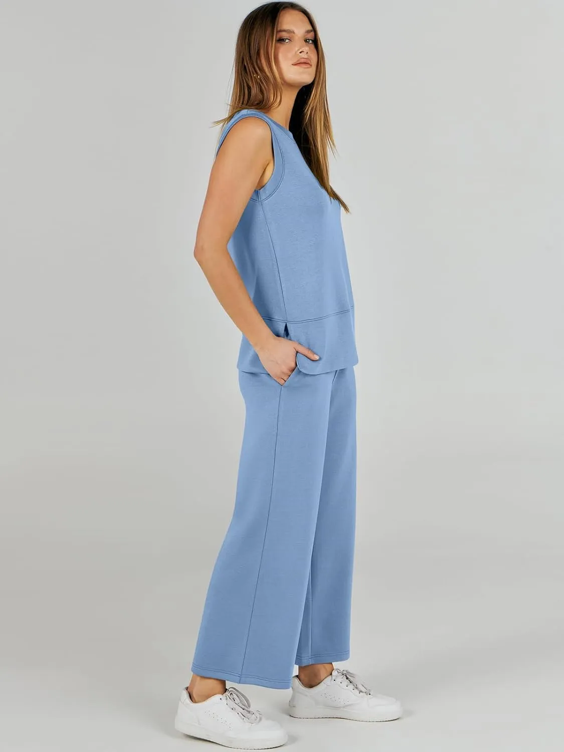 ANRABESS Women's 2 Piece Sets Summer Travel Airplane Outfits Sleeveless Wide Leg Casual Lounge Matching Sweat Set Sweatsuits