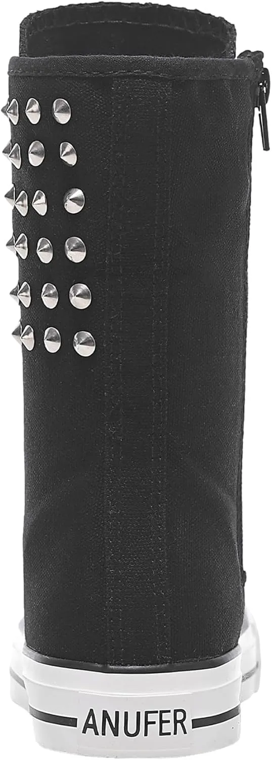 ANUFER Womens Girls Fashion Mid-Calf Canvas Boots Casual High Top Lace Up Canvas Sneakers