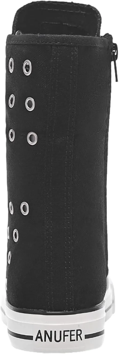 ANUFER Womens Girls Fashion Mid-Calf Canvas Boots Casual High Top Lace Up Canvas Sneakers