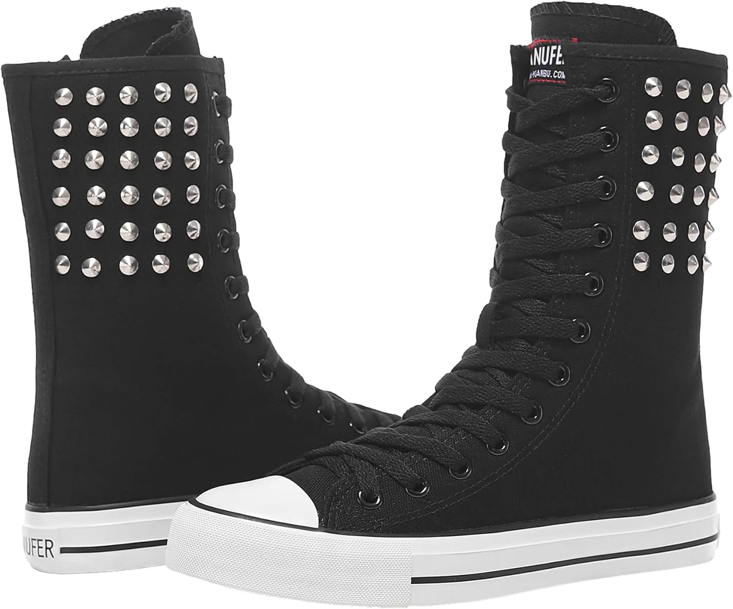 ANUFER Womens Girls Fashion Mid-Calf Canvas Boots Casual High Top Lace Up Canvas Sneakers