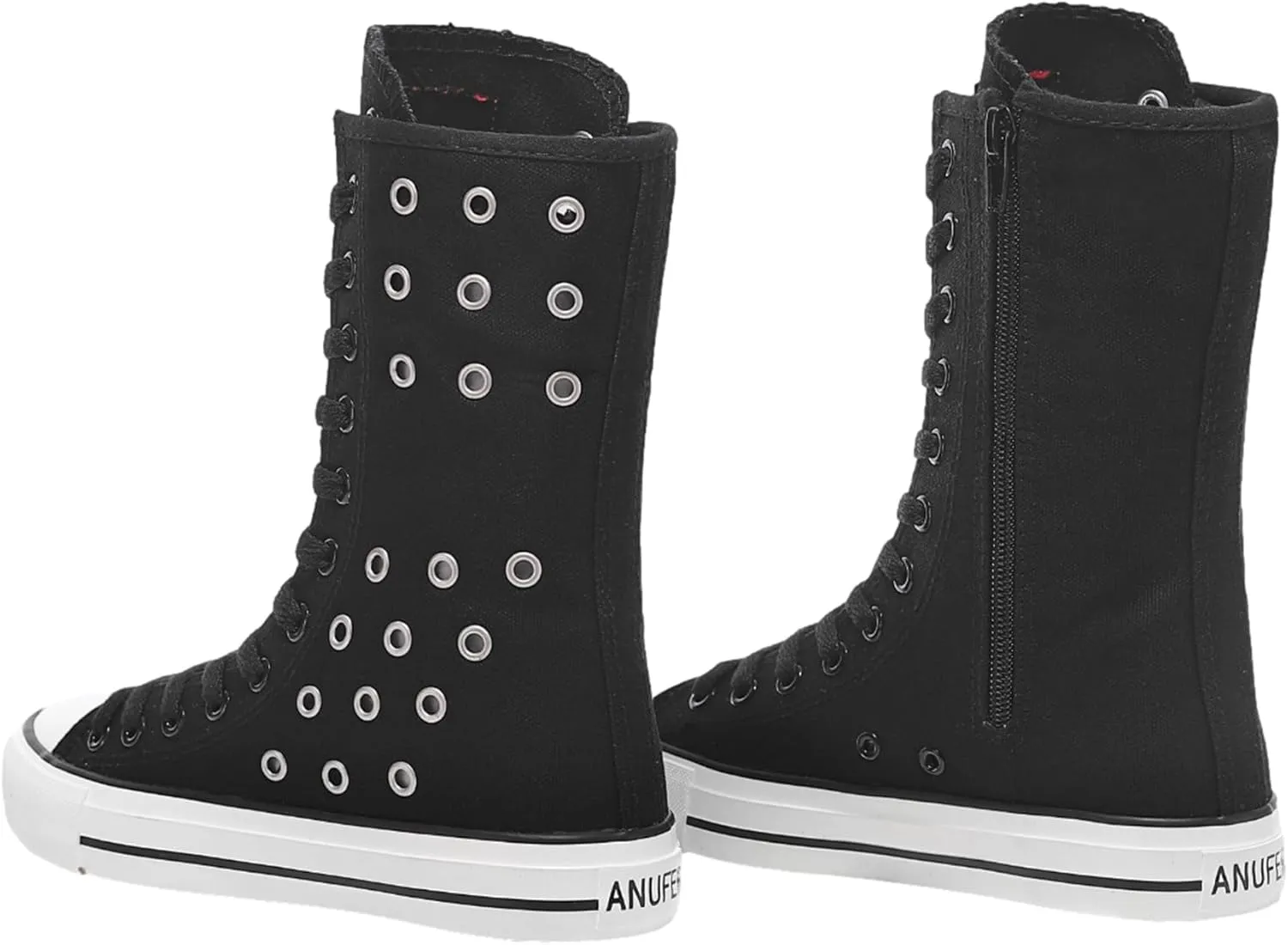 ANUFER Womens Girls Fashion Mid-Calf Canvas Boots Casual High Top Lace Up Canvas Sneakers