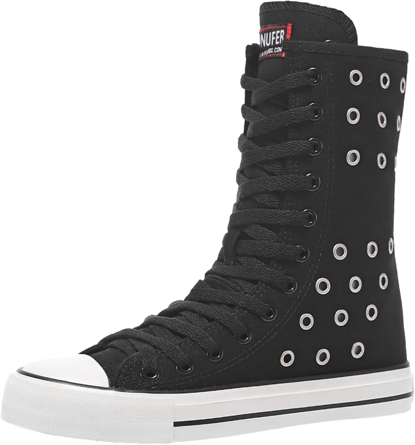 ANUFER Womens Girls Fashion Mid-Calf Canvas Boots Casual High Top Lace Up Canvas Sneakers