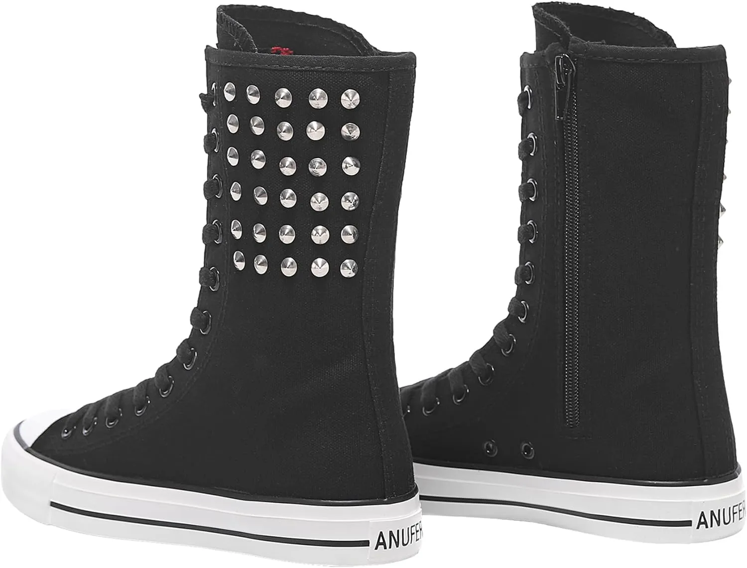 ANUFER Womens Girls Fashion Mid-Calf Canvas Boots Casual High Top Lace Up Canvas Sneakers