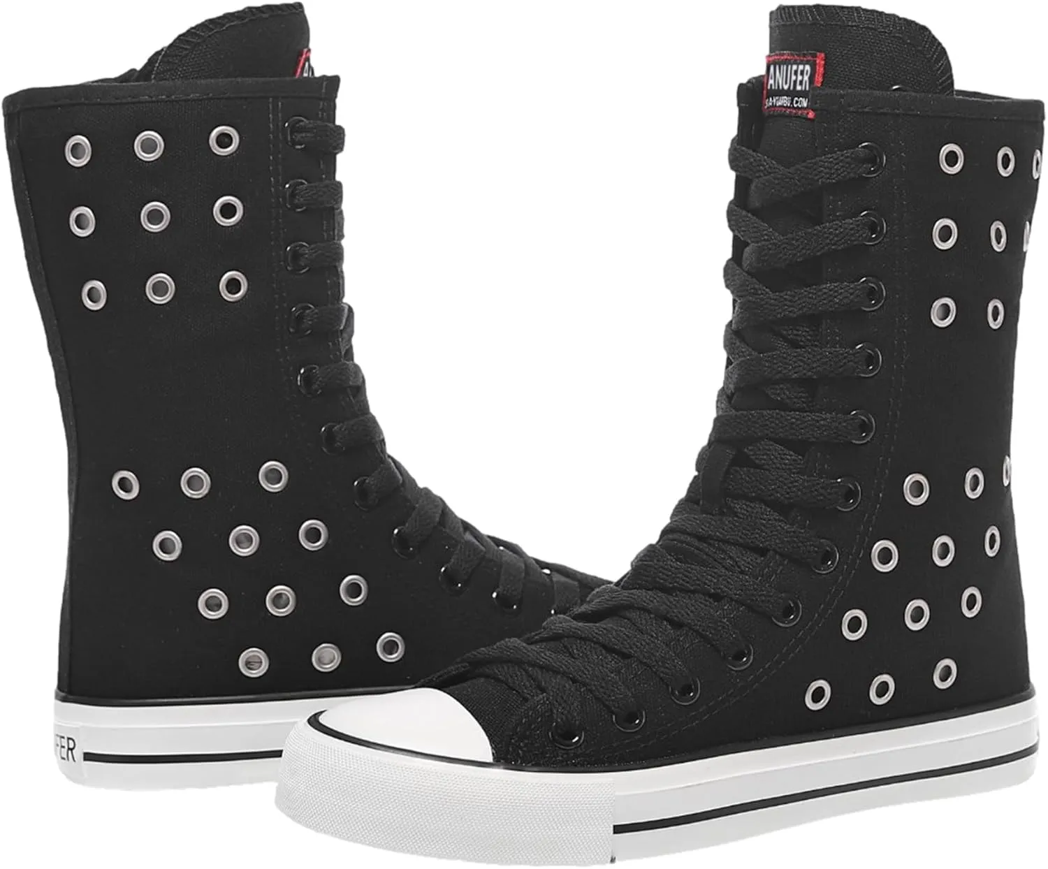 ANUFER Womens Girls Fashion Mid-Calf Canvas Boots Casual High Top Lace Up Canvas Sneakers