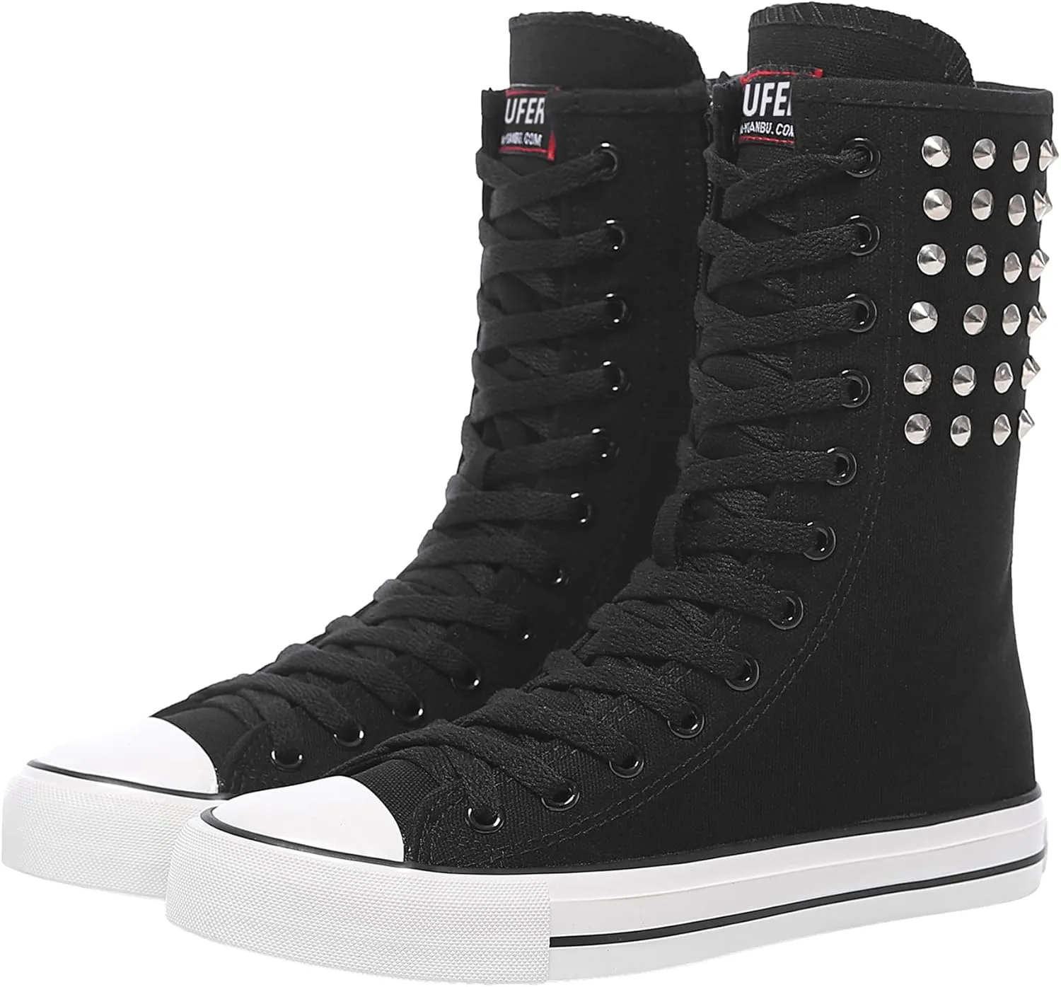 ANUFER Womens Girls Fashion Mid-Calf Canvas Boots Casual High Top Lace Up Canvas Sneakers