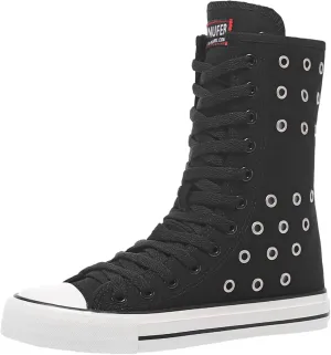 ANUFER Womens Girls Fashion Mid-Calf Canvas Boots Casual High Top Lace Up Canvas Sneakers