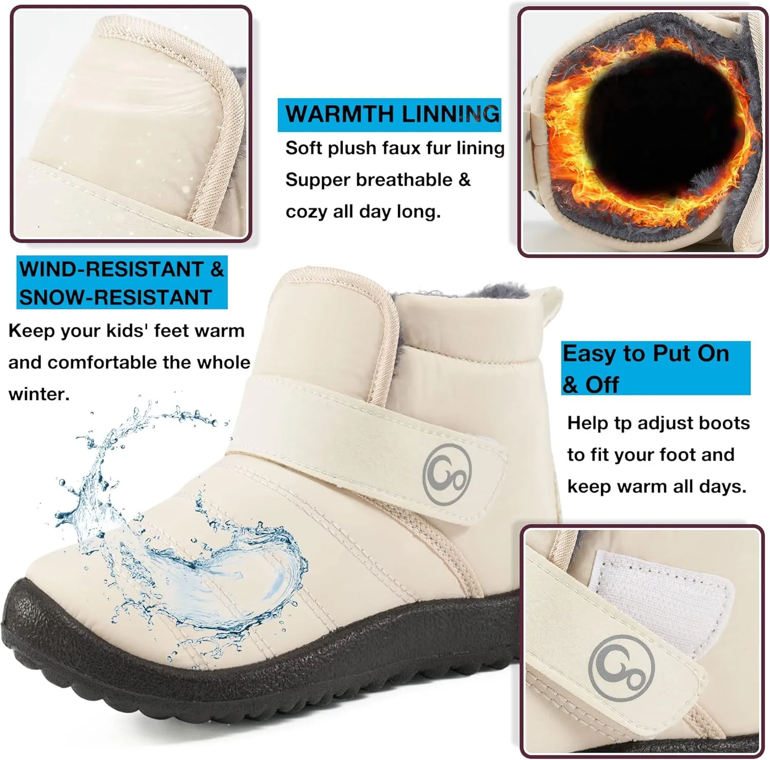 Aomigoct Boys Girls Winter Snow Boots: Waterproof Toddler Little Kid Boot with Fur Lined Easy Handles Unisex Child Warm Booties Comfortable Non Slip Walking
