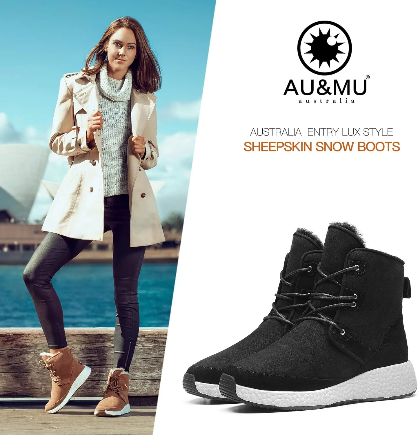 AU&MU Aumu Sheepskin Taurus Metal Buckle Brass Eyelets Suede Upper Laces Winter Snow Boots ……