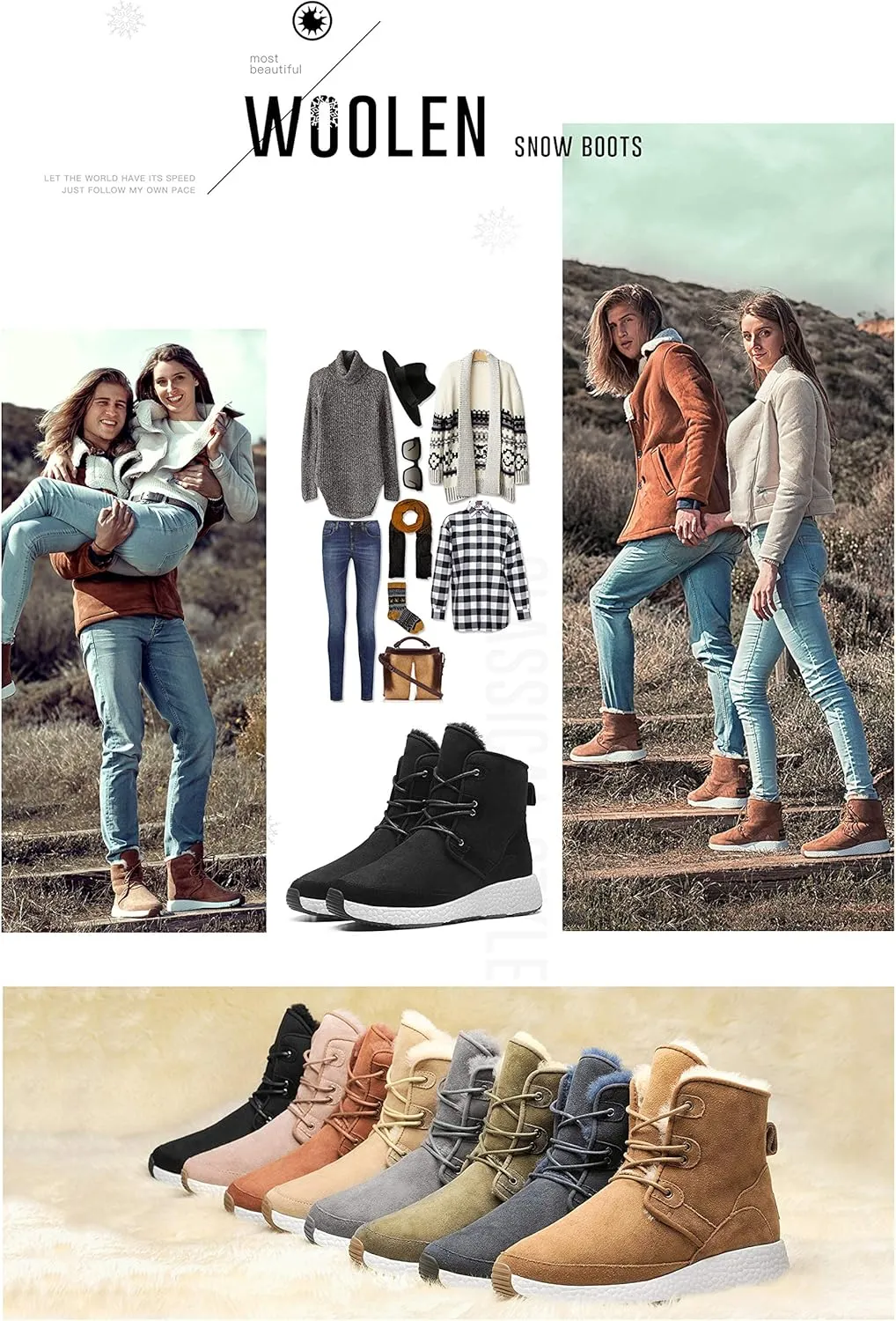AU&MU Aumu Sheepskin Taurus Metal Buckle Brass Eyelets Suede Upper Laces Winter Snow Boots ……