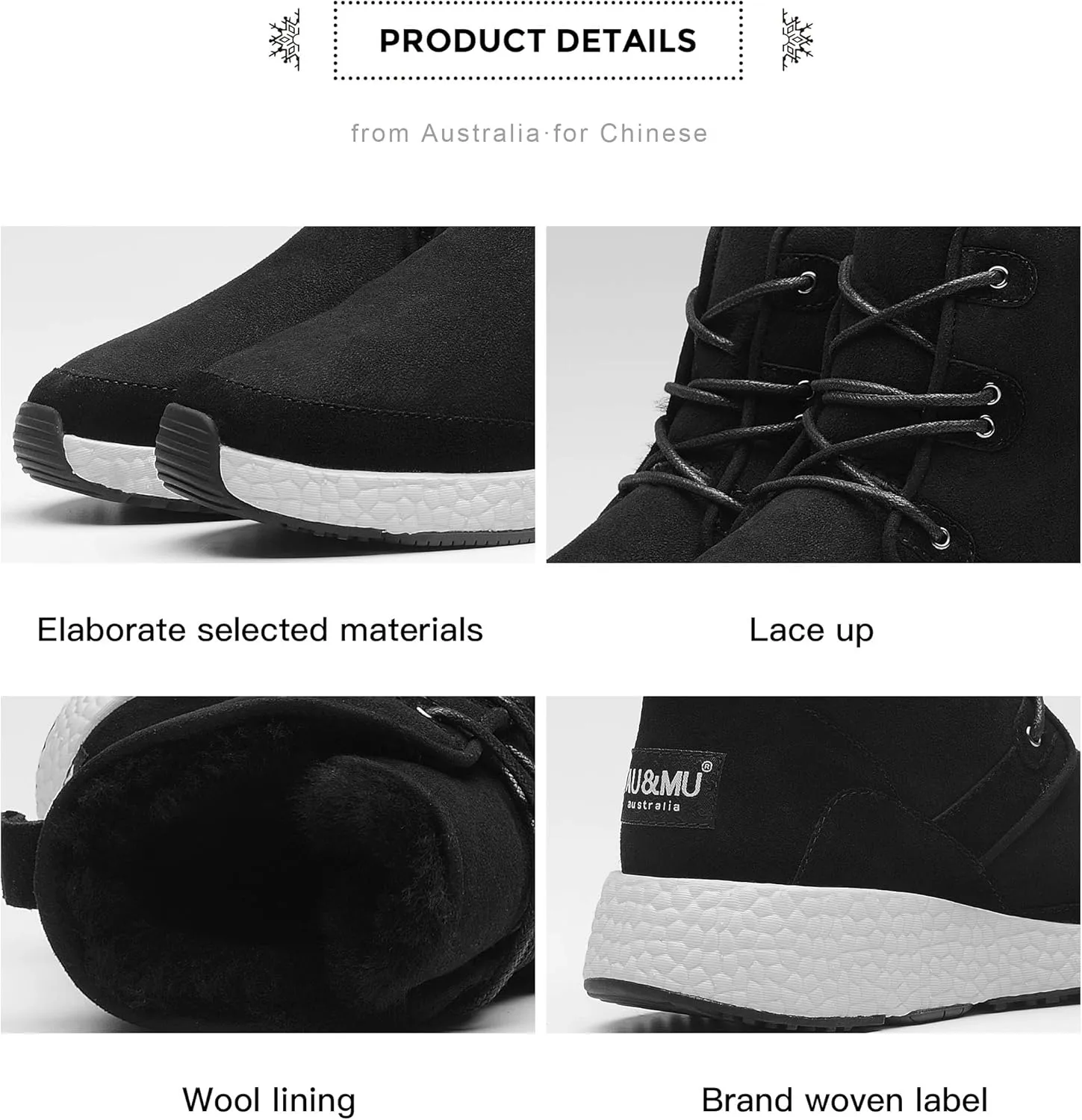 AU&MU Aumu Sheepskin Taurus Metal Buckle Brass Eyelets Suede Upper Laces Winter Snow Boots ……