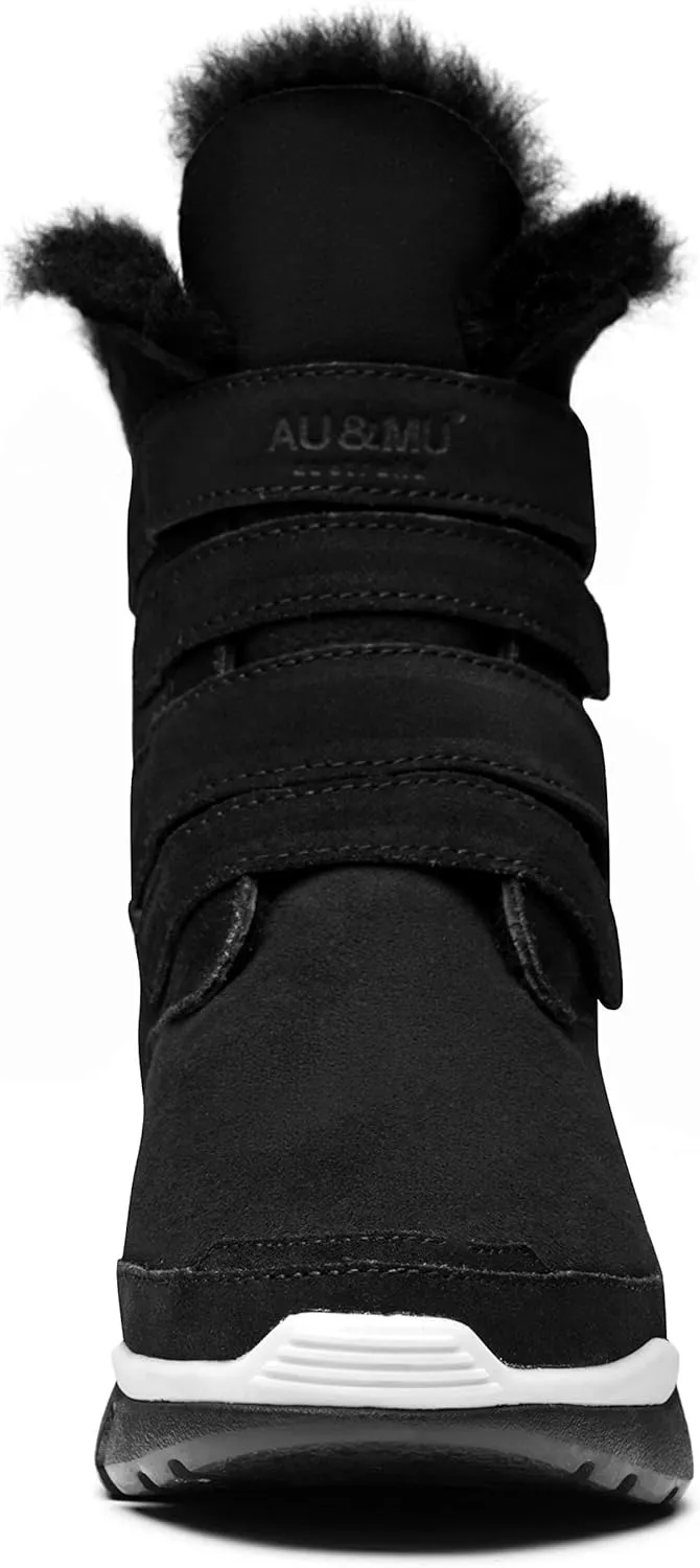 AUMU Classic Retro Hook and Loop Suede Sheepskin Elevator Hiden Heel Winter Snow Boots
