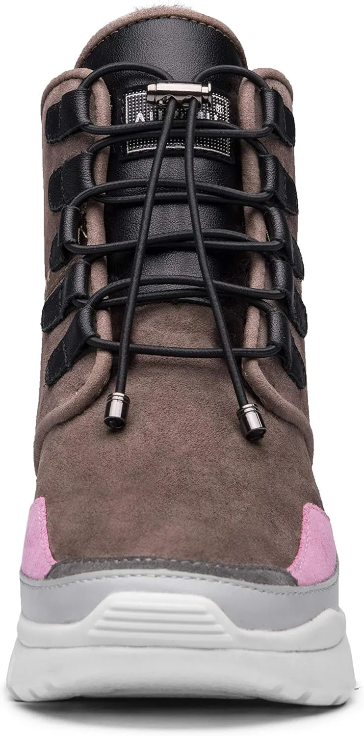 AUMU Retro Metal Buckle Suede Upper Elevator Hidden Heel Lace Up Winter Snow Boots